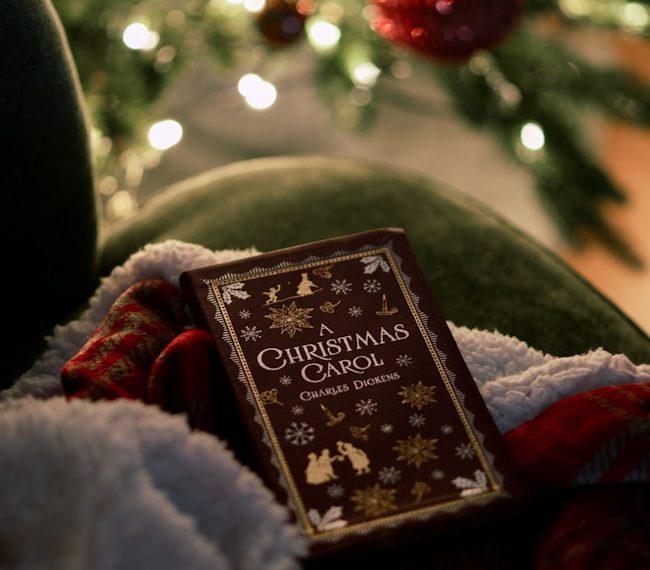 a book sitting on a blanket in front of a christmas tree